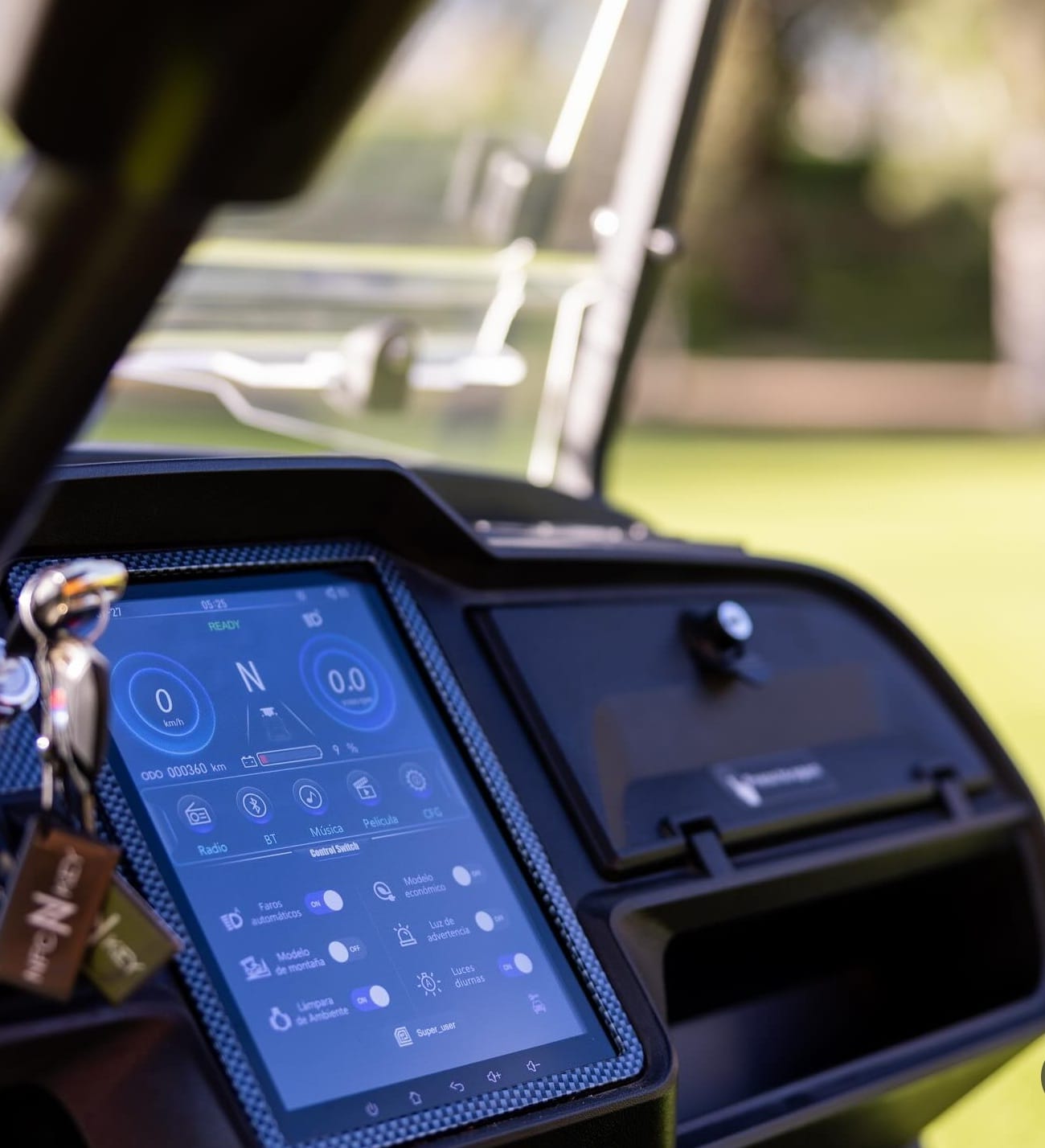 Golf cart digital dash display showing speed, battery and vehicle controls
